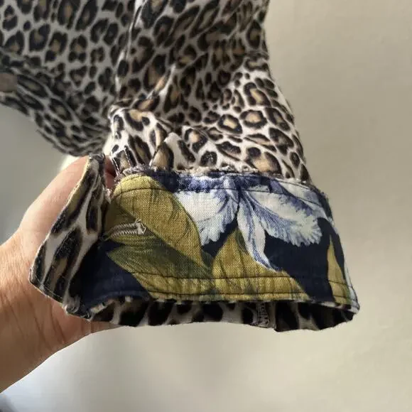 TOMMY BAHAMA TWO PALMS LAGOON LEOPARD 100% LINEN RAW EDGE FLIP CUFF JACKET Large - Picture 16 of 16